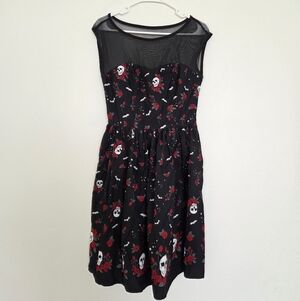 Hell Bunny Roses, Skulls And Bats Print Cocktail Dress With Mesh Top Size Medium